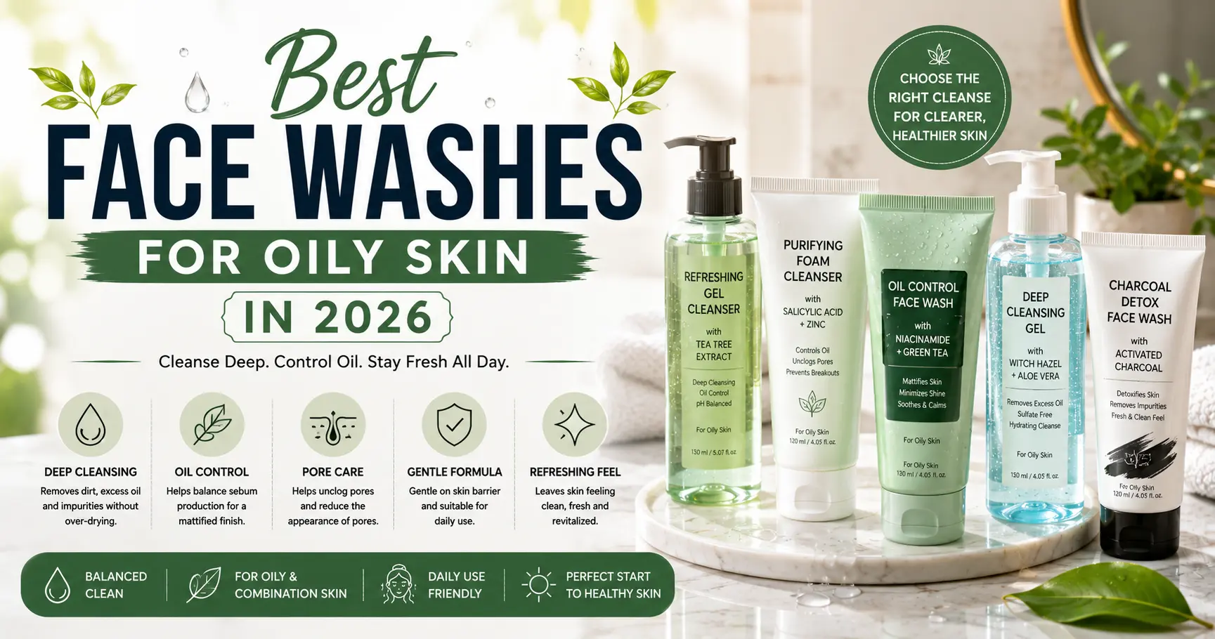 best face washes for oily skin displayed on a modern bathroom vanity