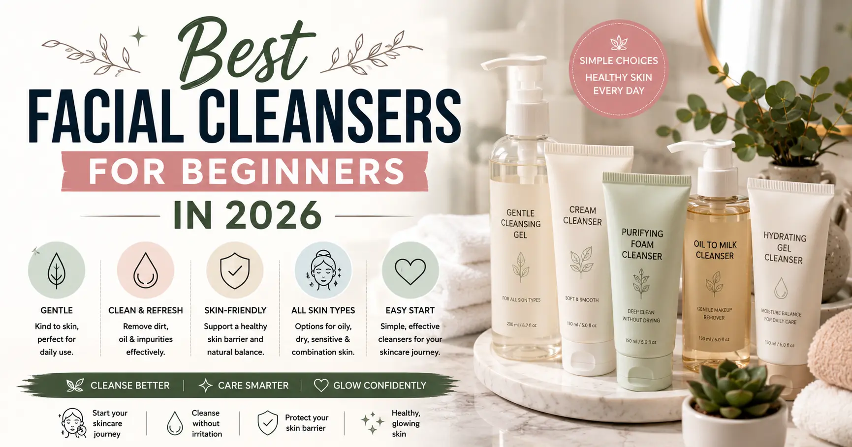 best facial cleansers for beginners arranged on a modern bathroom vanity