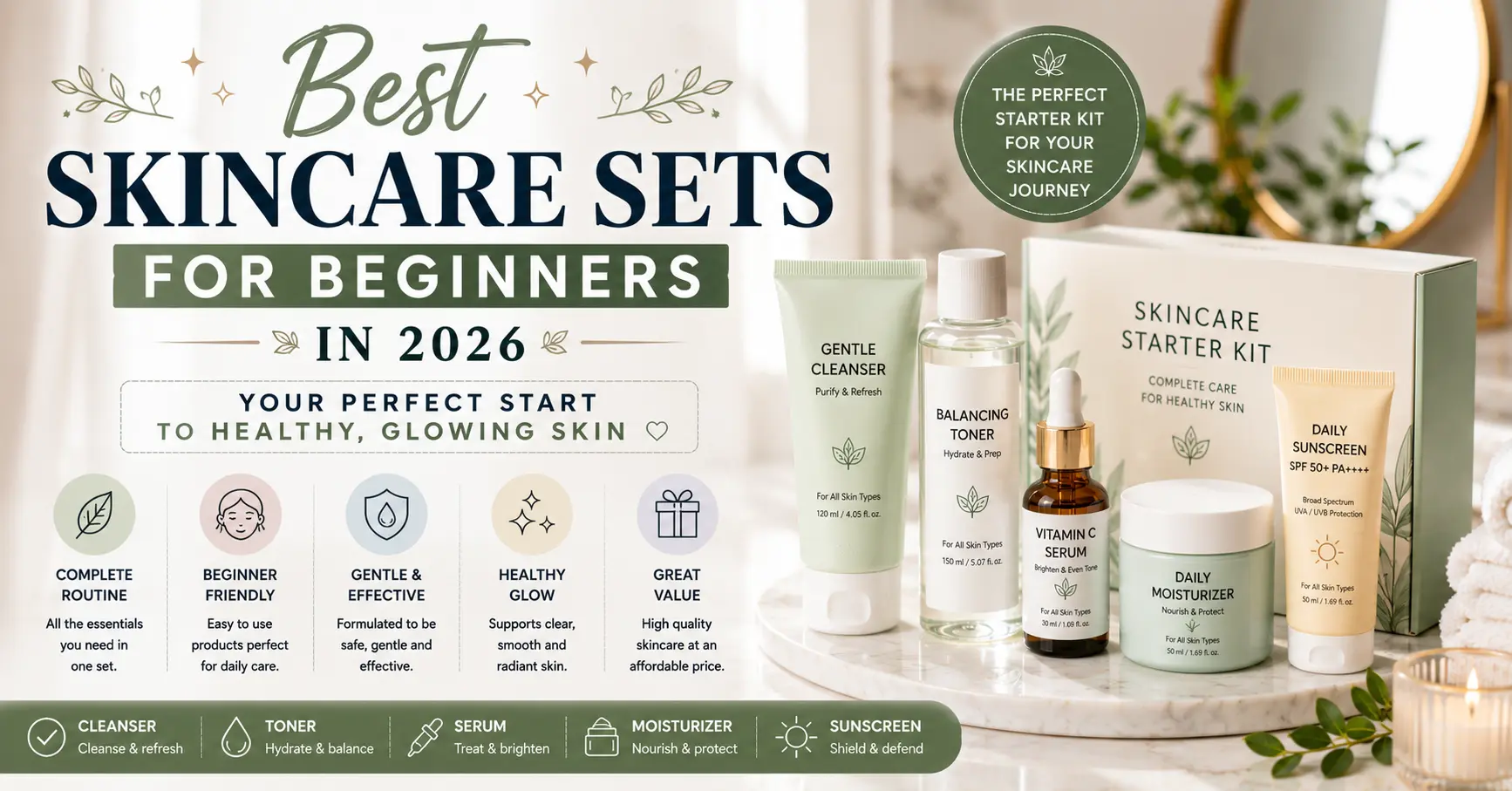 best skincare starter kits for beginners displayed on a luxury bathroom vanity
