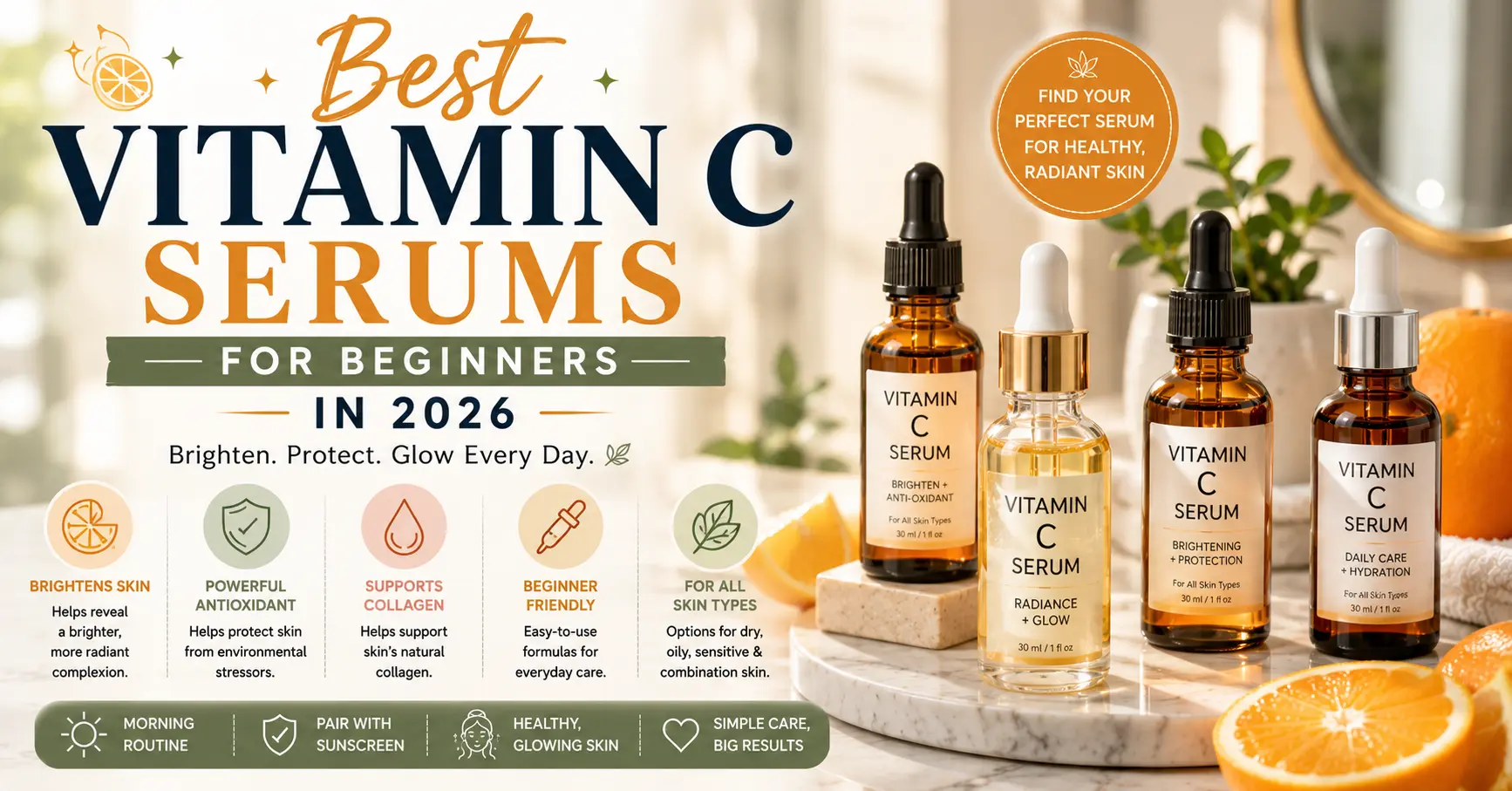 best vitamin c serums for beginners displayed on a modern vanity