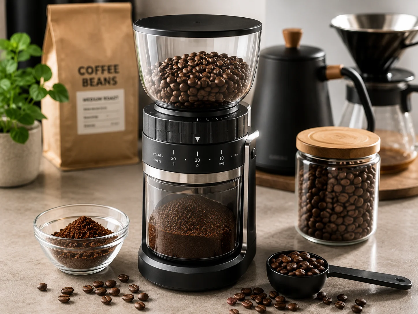 electric coffee grinder grinding fresh coffee beans