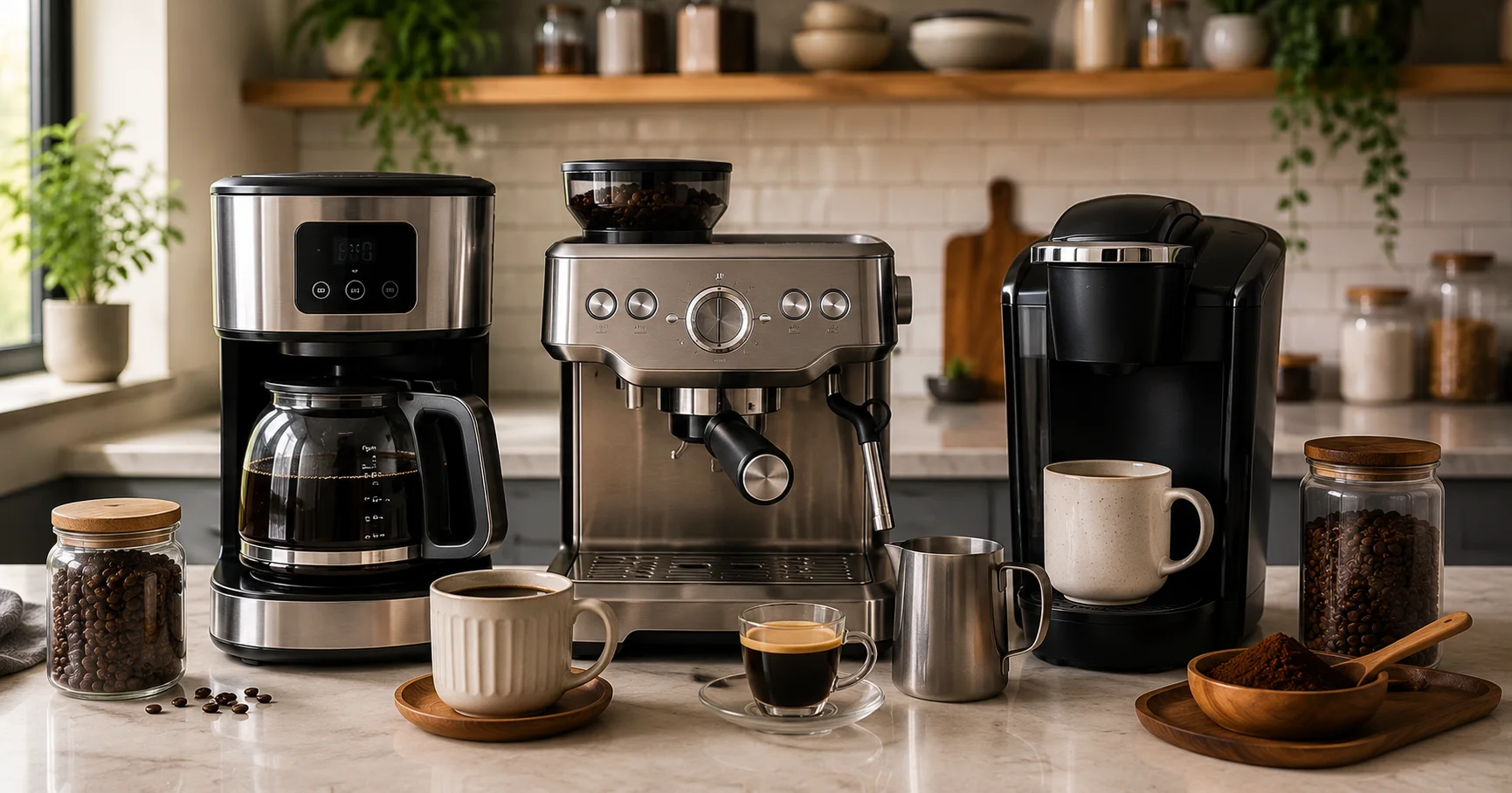 modern coffee makers on kitchen countertop for home brewing