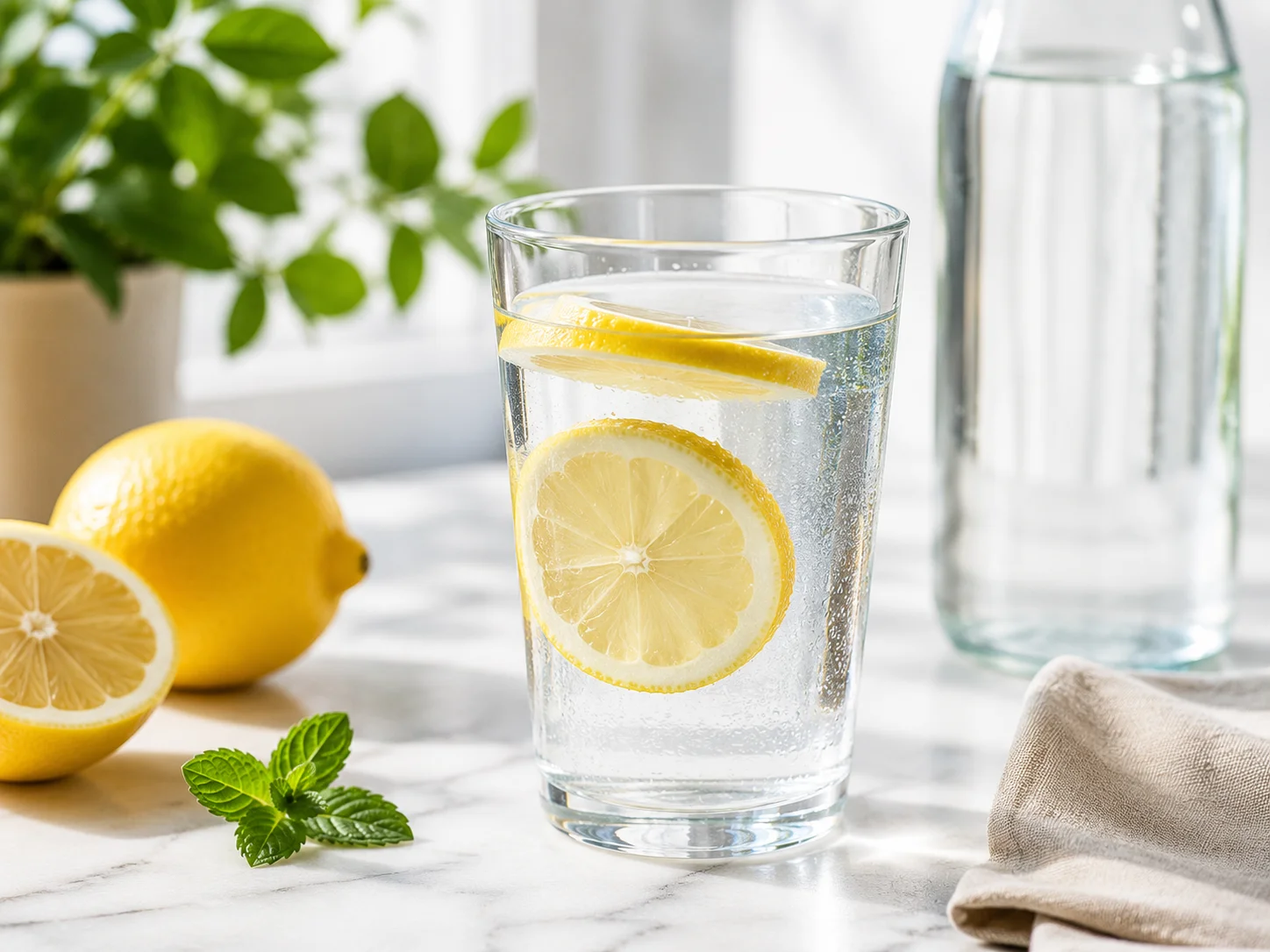 glass of water with fresh lemon and healthy hydration concept