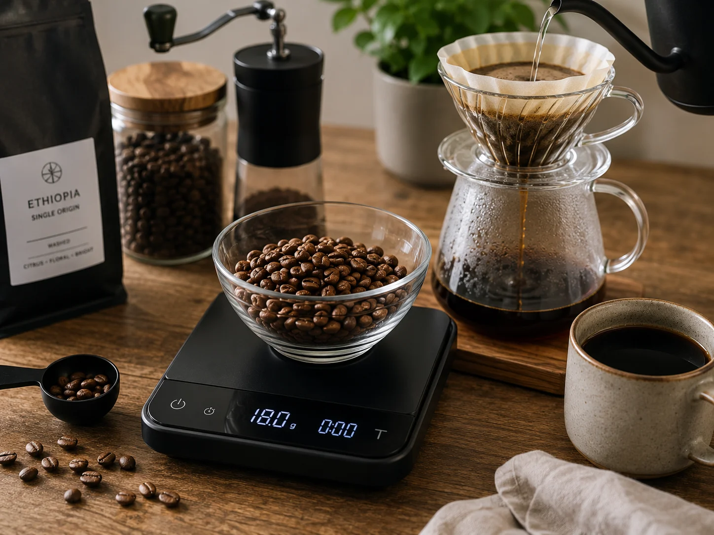 pour over coffee brewing with gooseneck kettle and dripper