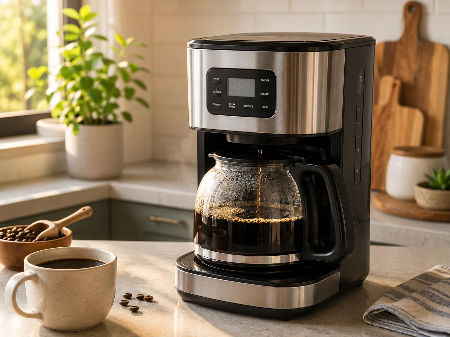 drip coffee maker brewing fresh coffee in kitchen