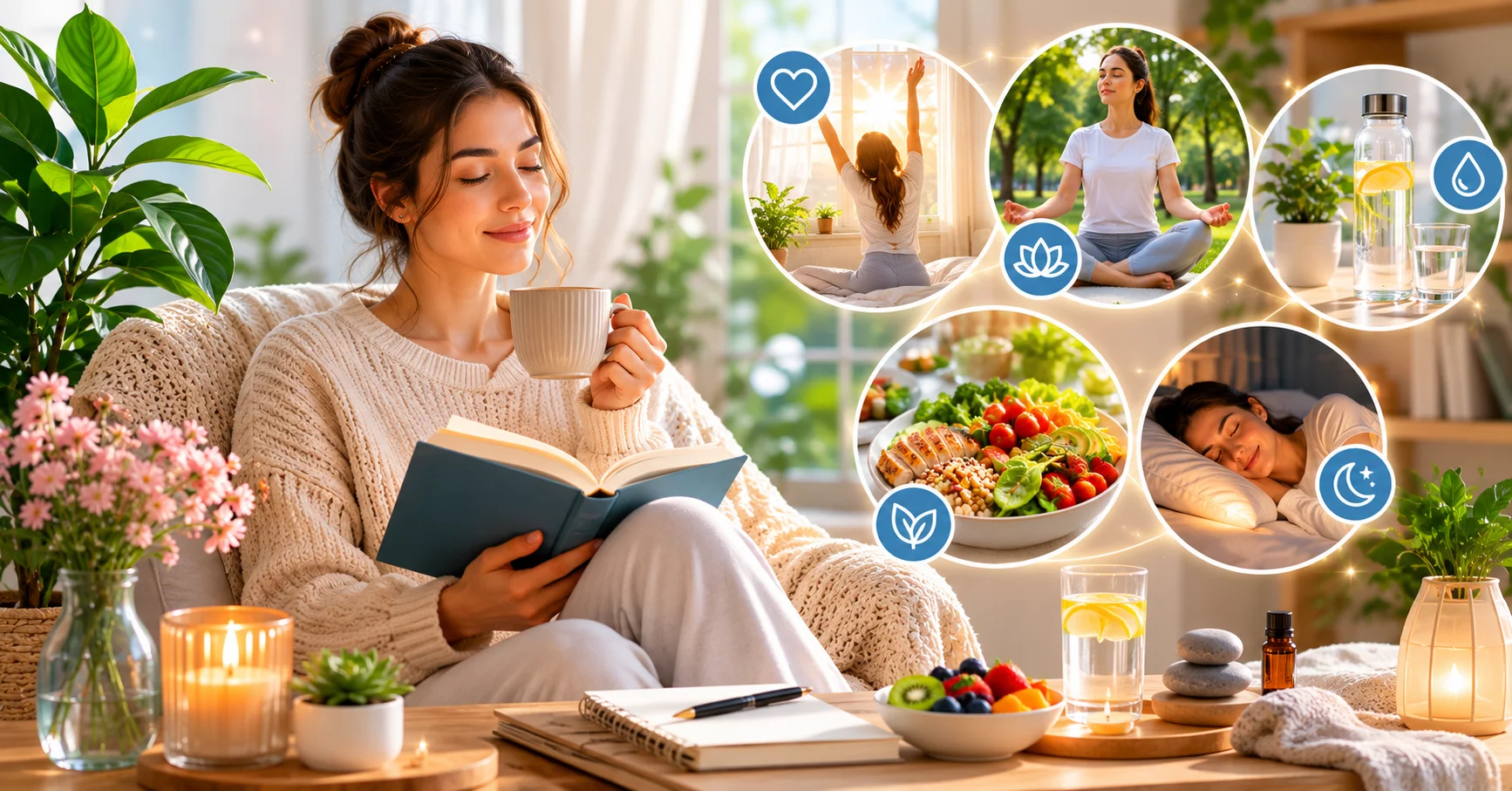 self care activities including journaling tea relaxation and wellness routine