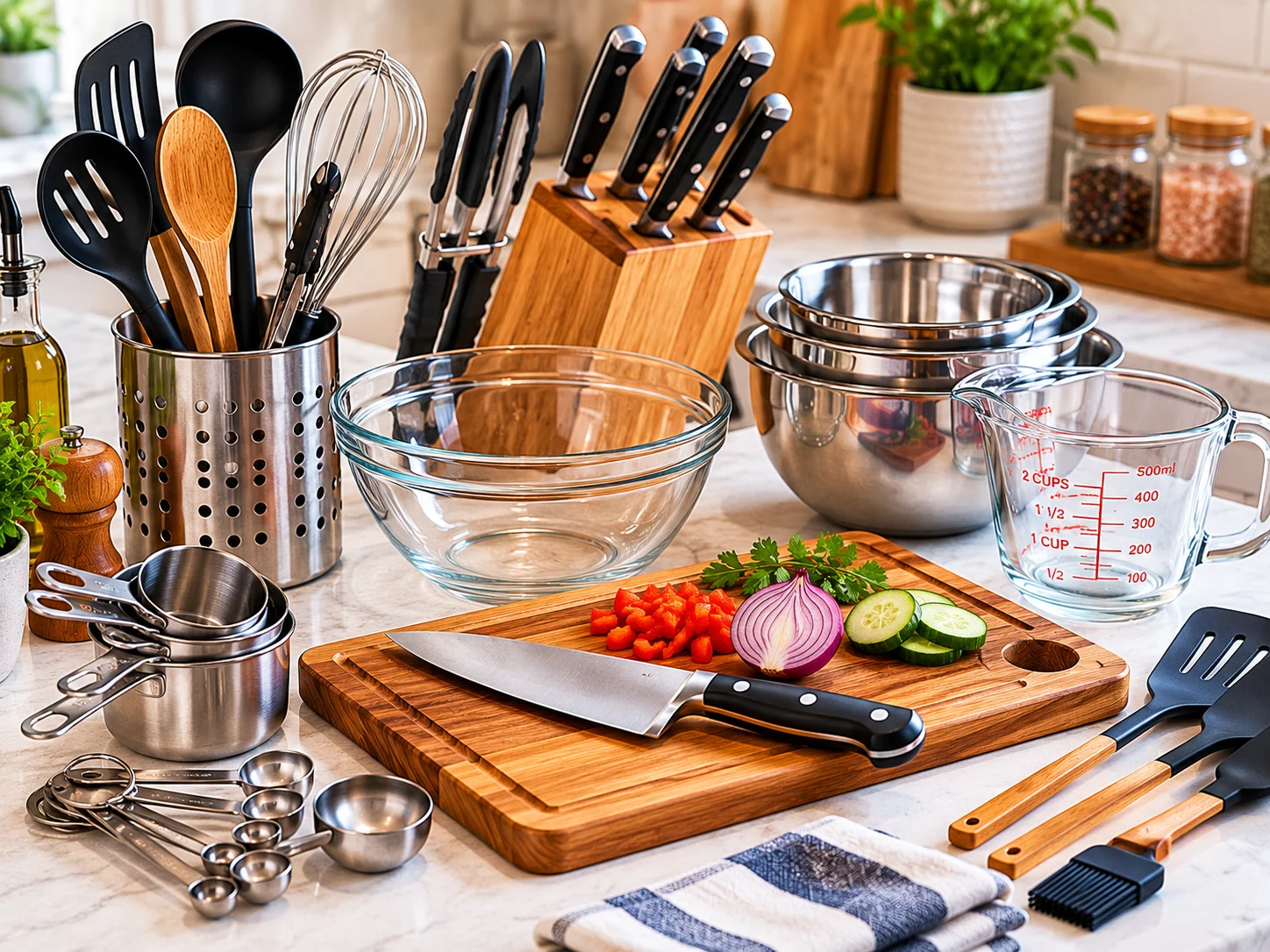 essential cooking tools including knives cutting board and utensils