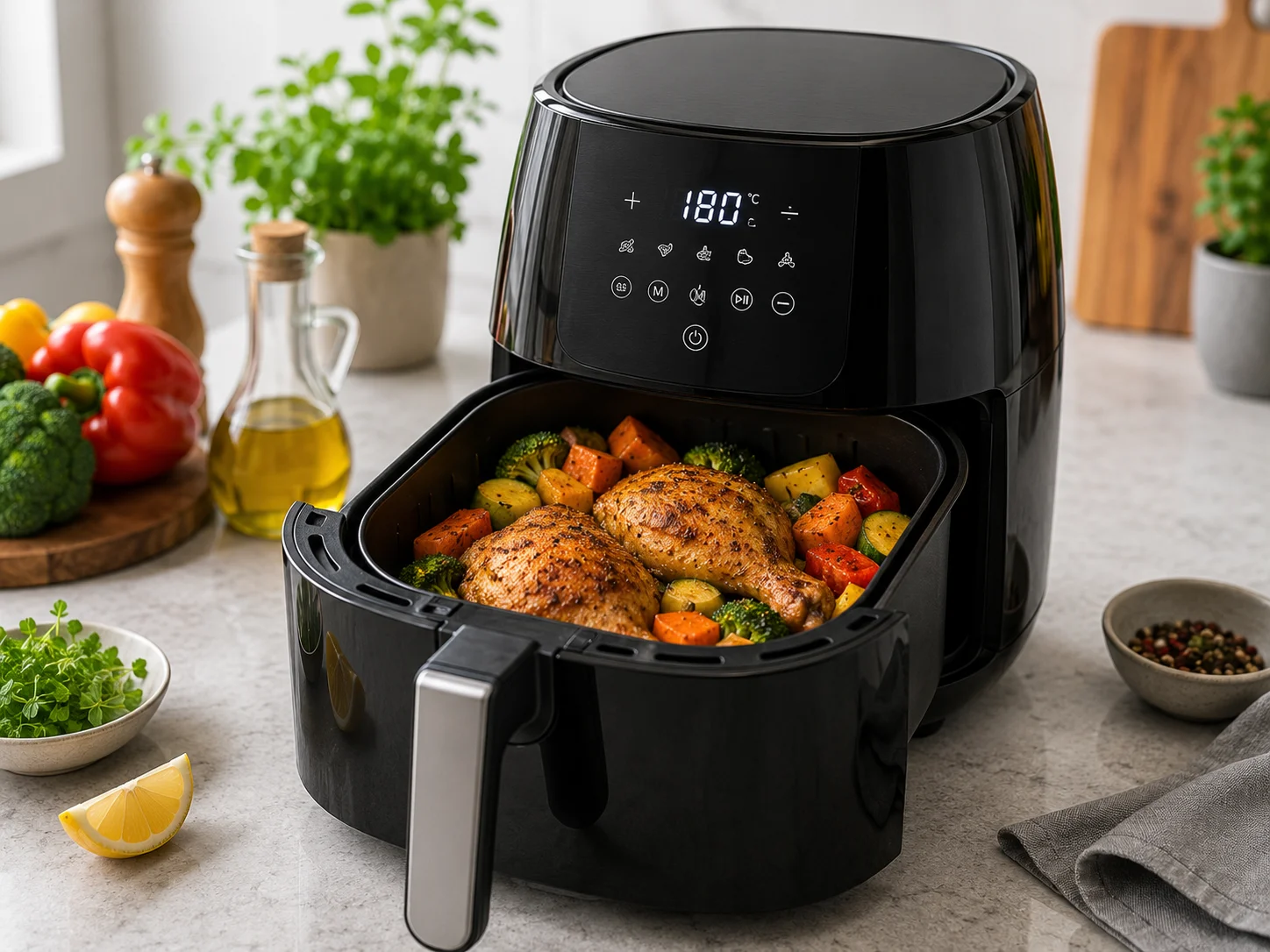 air fryer cooking healthy vegetables and chicken