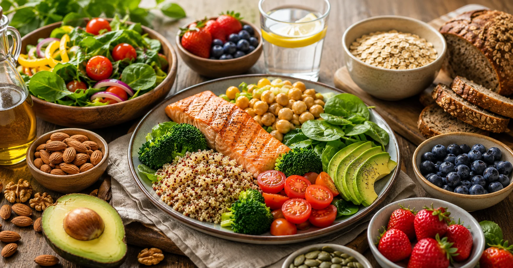 healthy balanced meal with vegetables fruits protein and whole grains