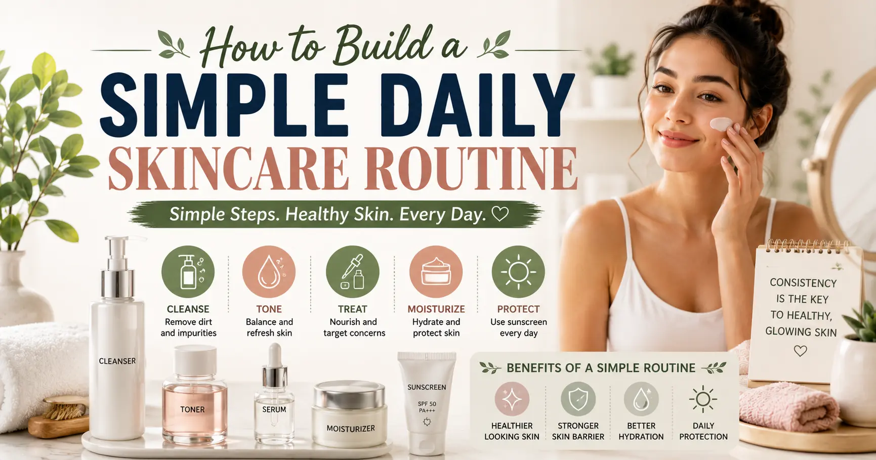 simple daily skincare routine with cleanser moisturizer and sunscreen