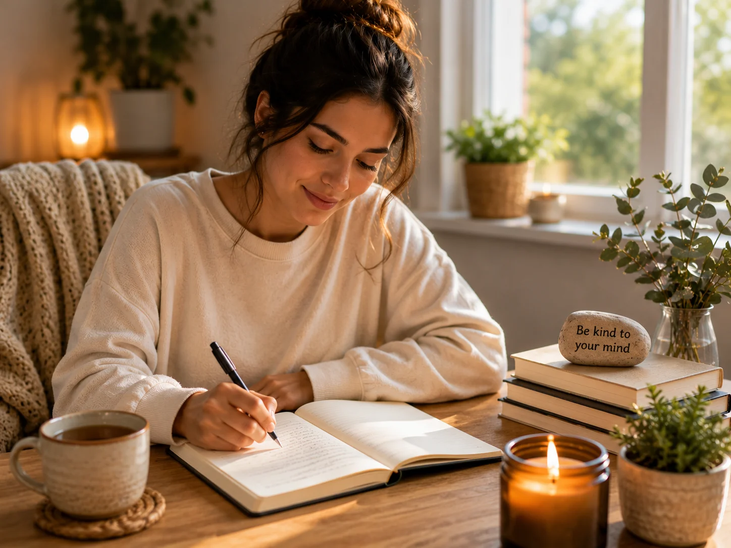 person writing in journal during self care routine