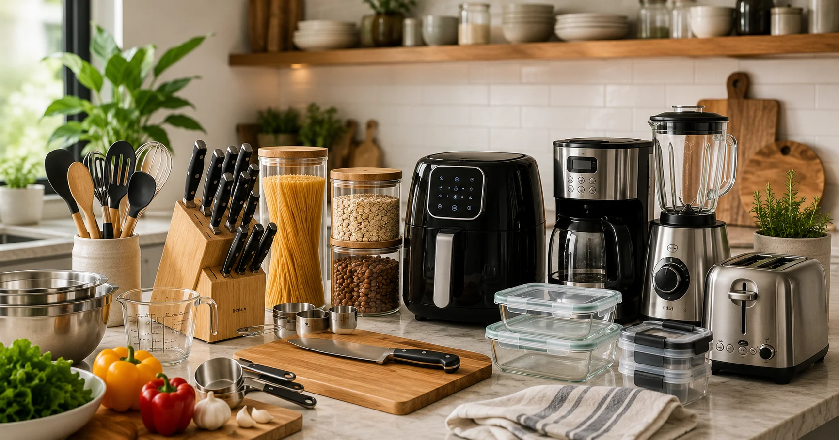 modern kitchen essentials including cookware utensils appliances and storage solutions