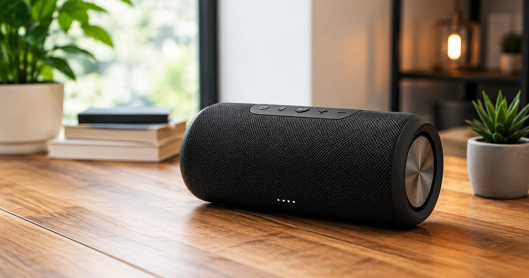 modern bluetooth speaker on a wooden table