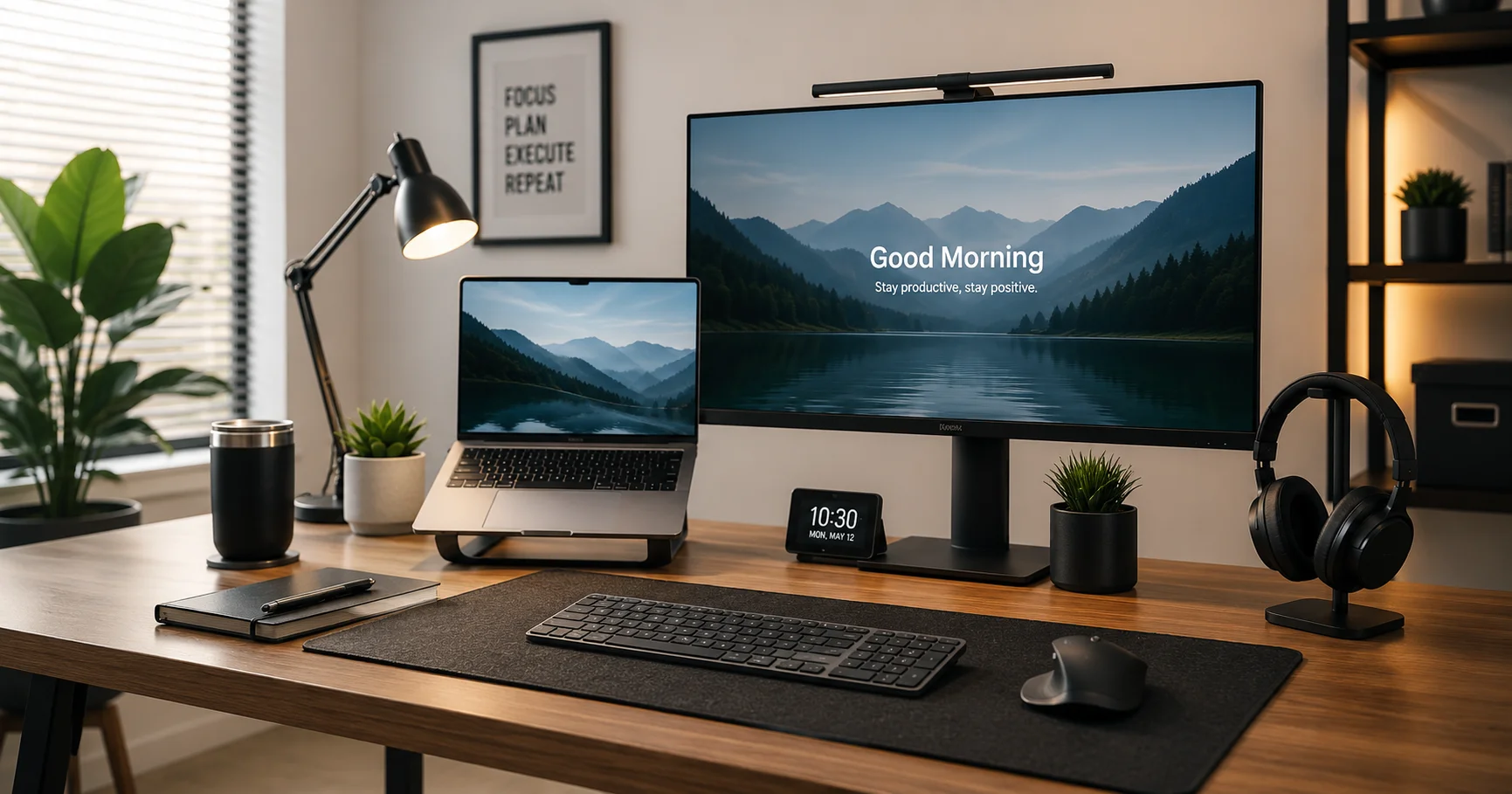 modern home office setup with laptop monitor and accessories