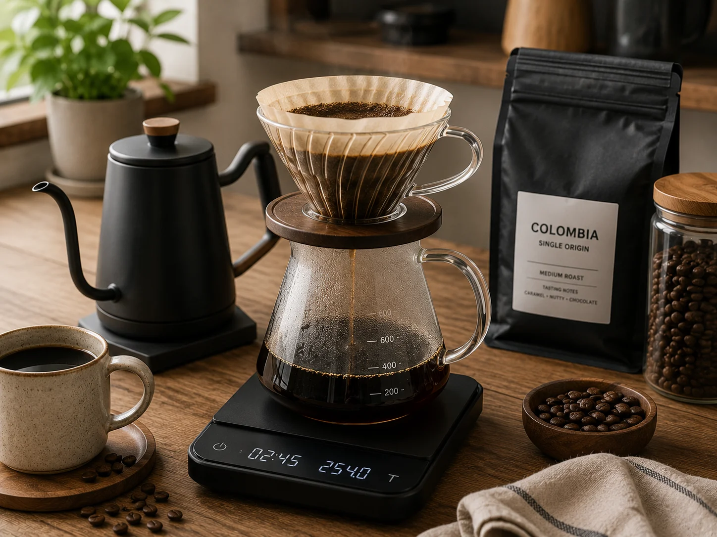 digital coffee scale measuring coffee beans for brewing