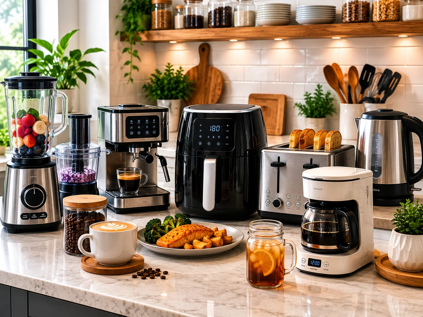 modern kitchen appliances including air fryer coffee maker and toaster