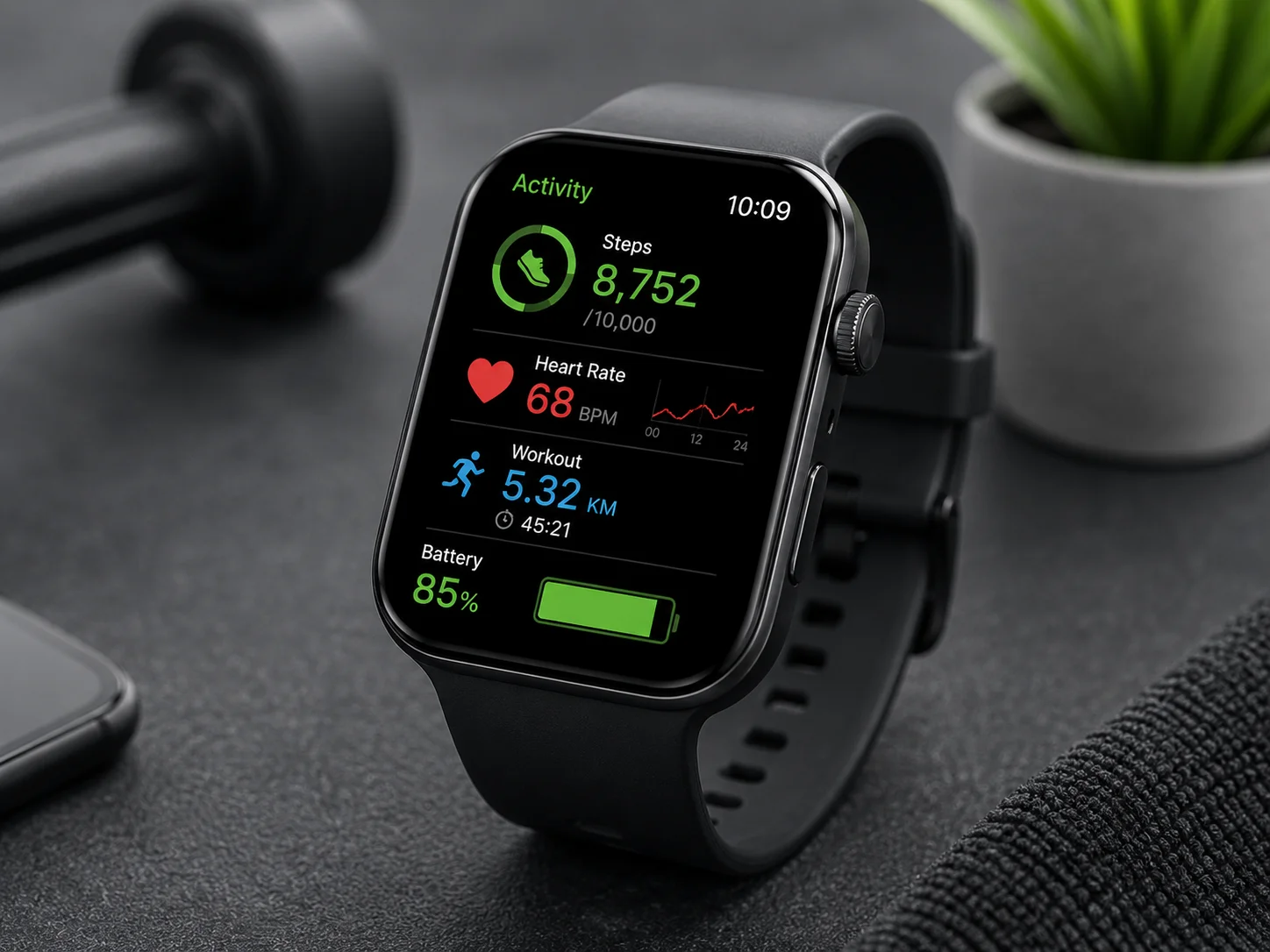 smartwatch displaying battery and fitness tracking information
