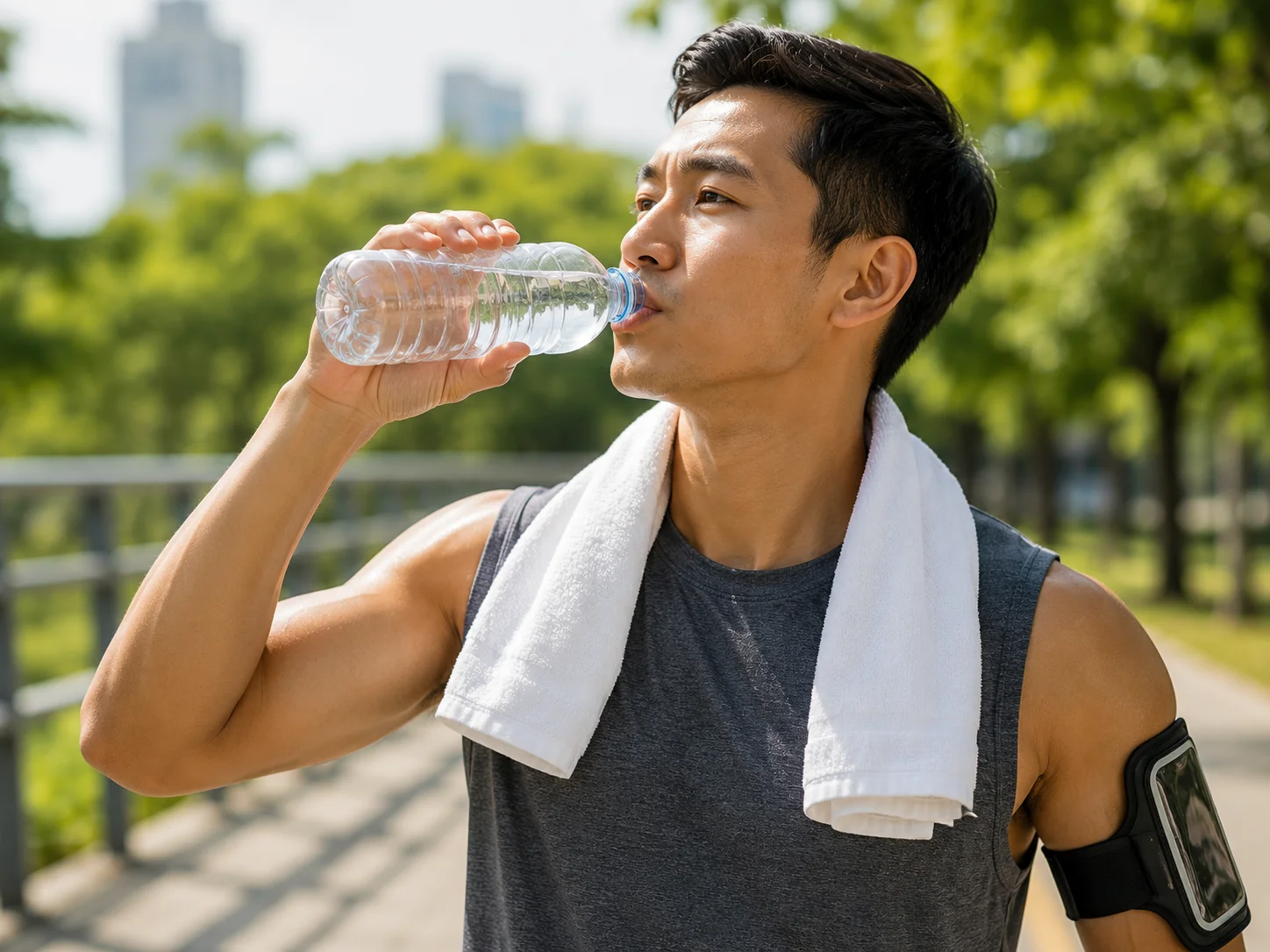 person drinking water after exercise outdoors