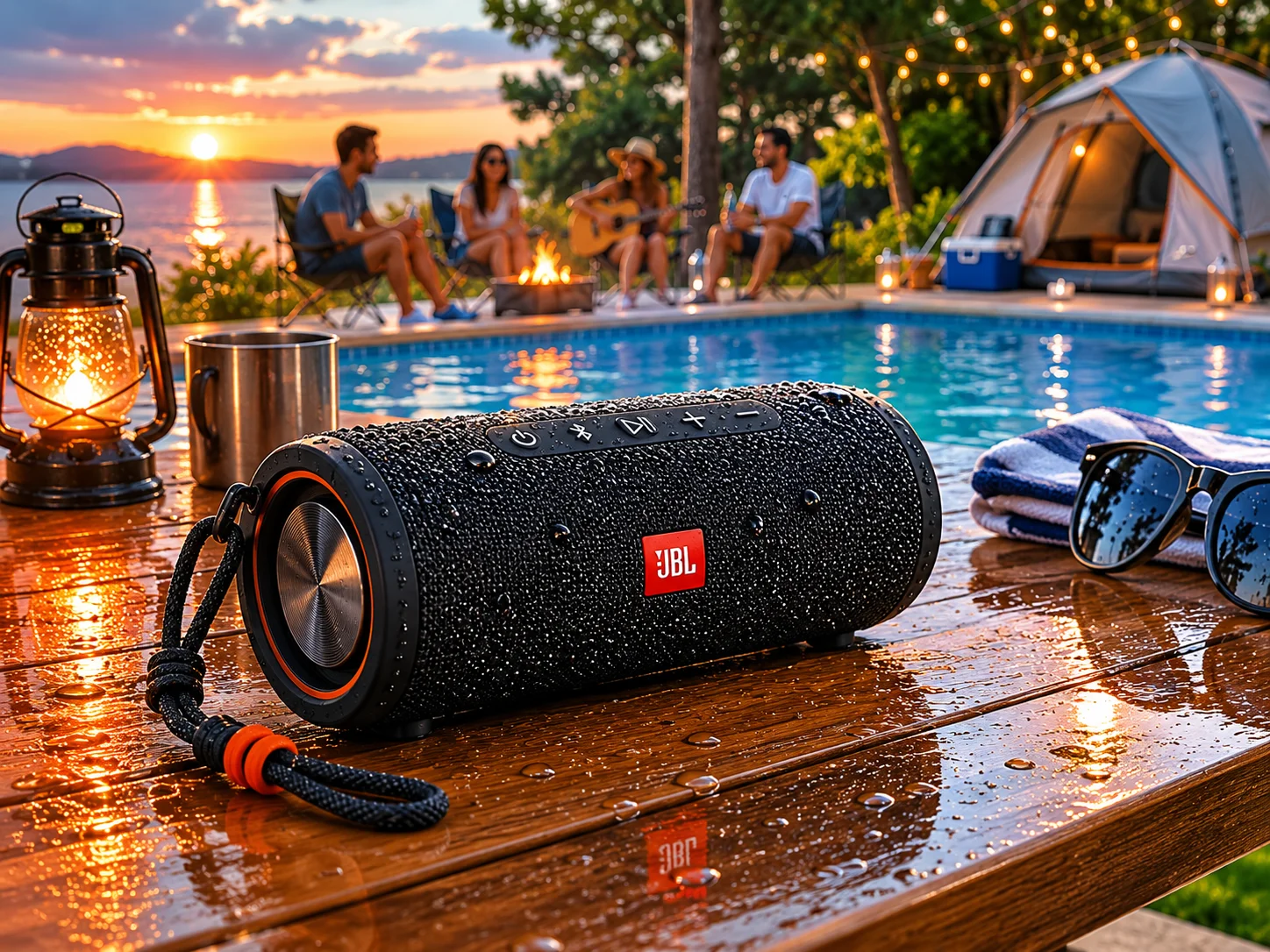 waterproof bluetooth speaker near a pool and camping setup