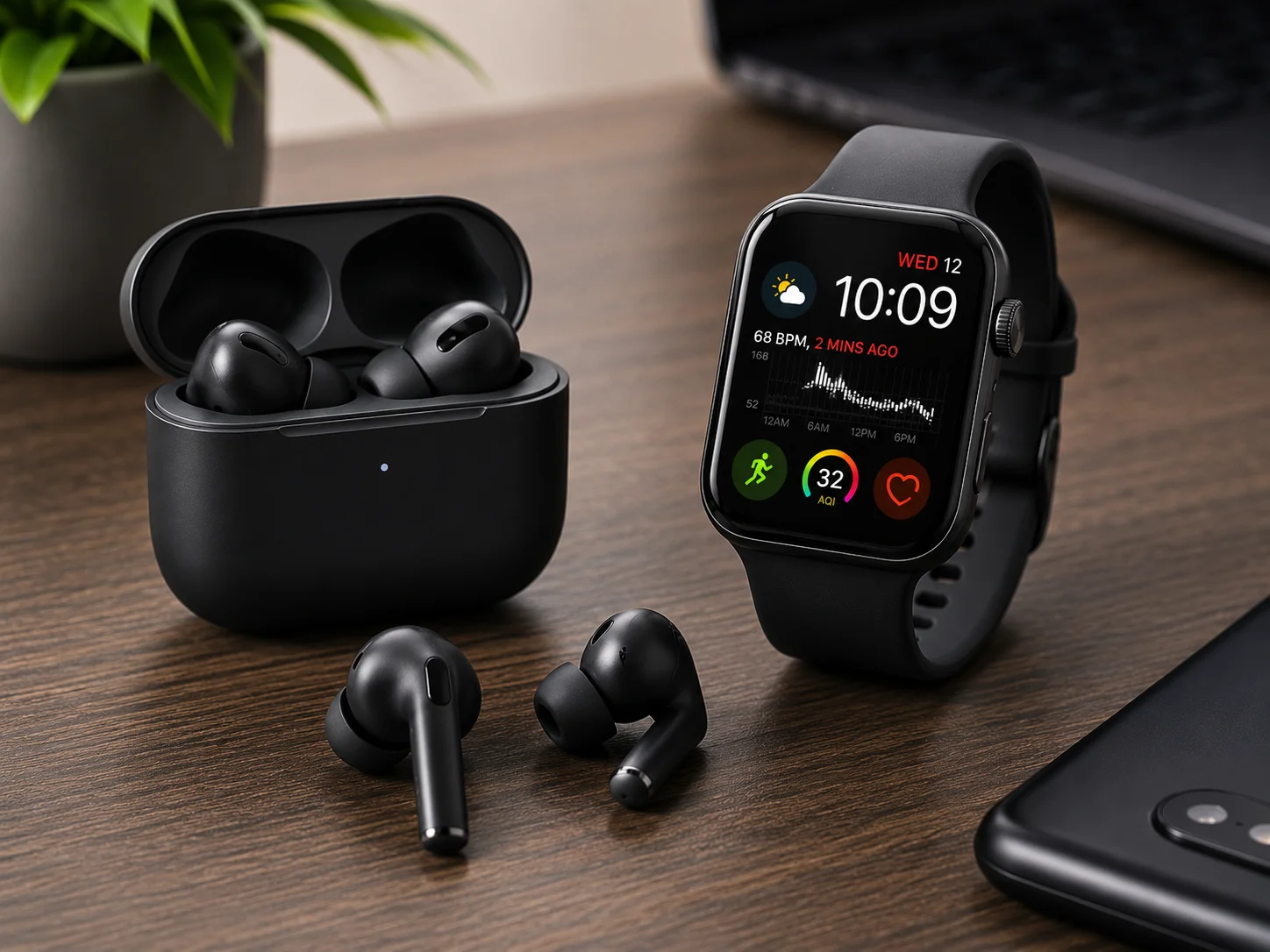 Wireless earbuds and smartwatch together