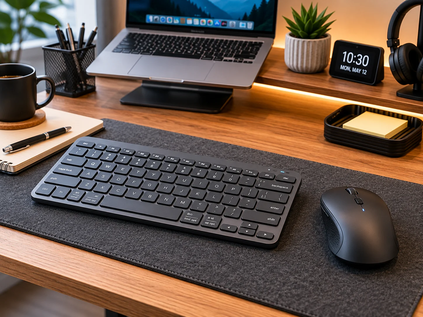 wireless keyboard and mouse on clean desk