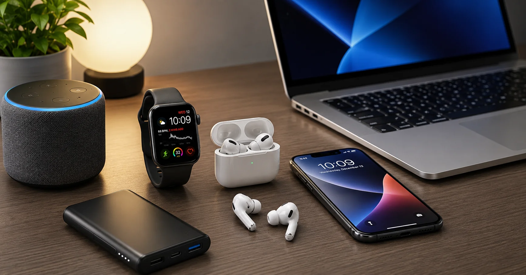 collection of modern tech gadgets on desk