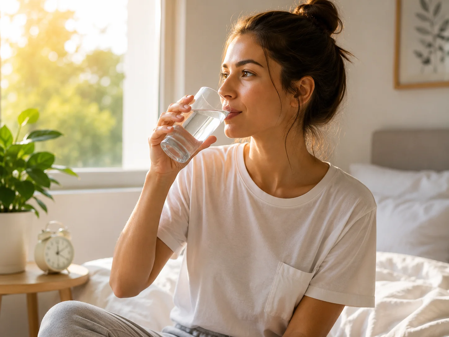 person drinking water in the morning for healthy hydration