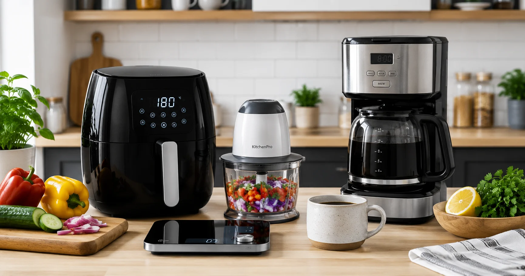 modern kitchen gadgets on countertop