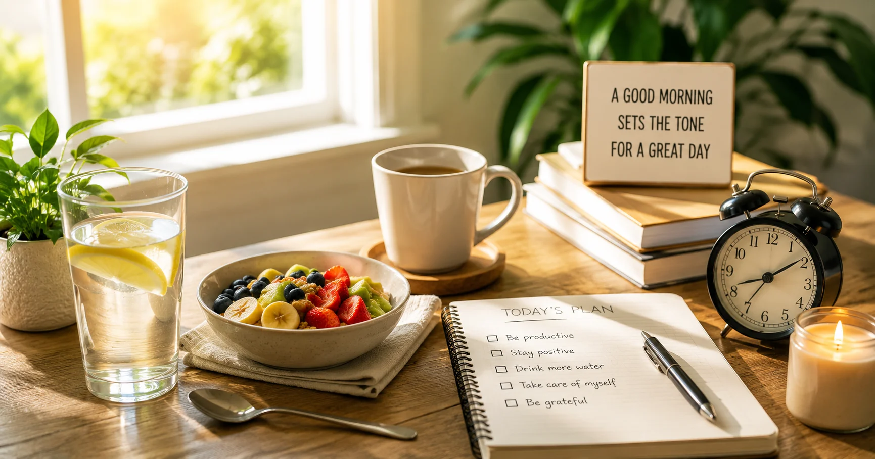 healthy morning routine with sunlight water and healthy breakfast