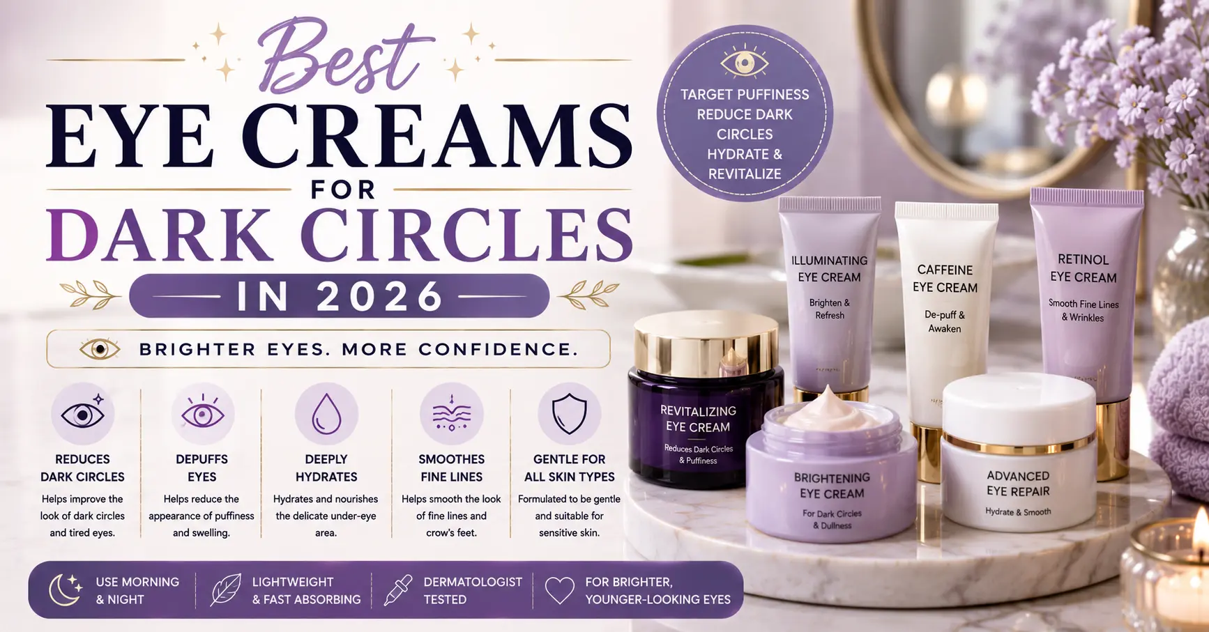 best eye creams for dark circles displayed on a luxury bathroom vanity