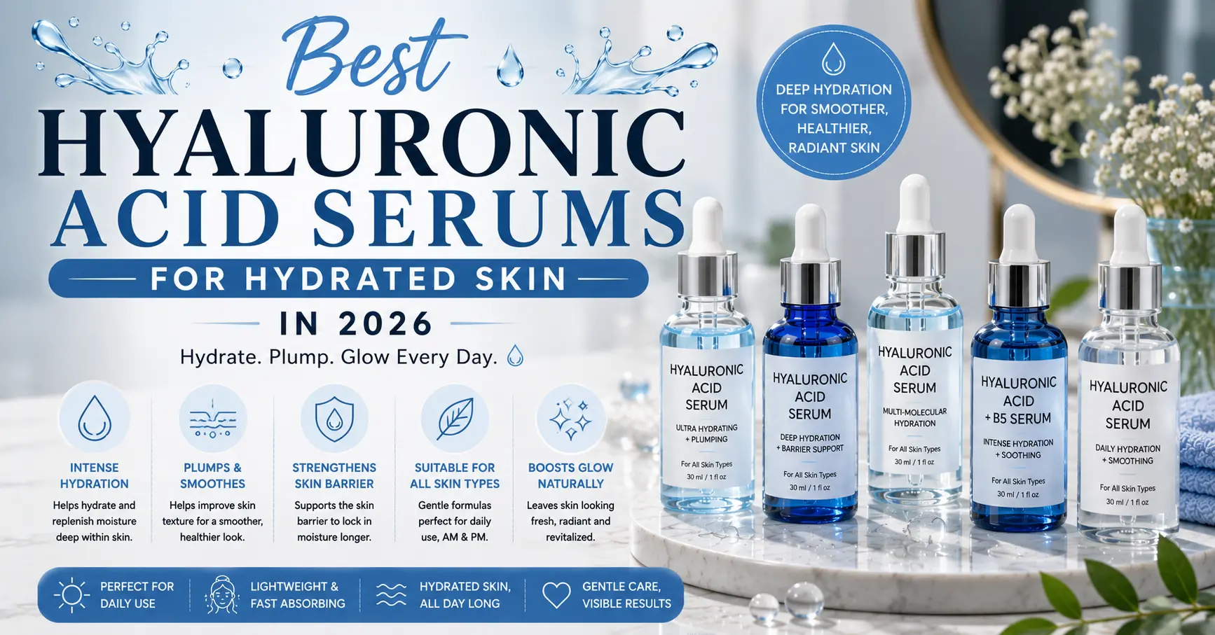 best hyaluronic acid serums for hydrated skin displayed on a luxury bathroom vanity