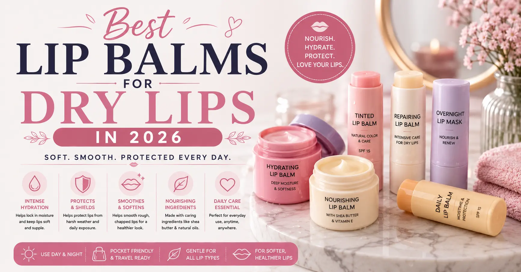 best lip balms for dry lips displayed on a modern beauty vanity