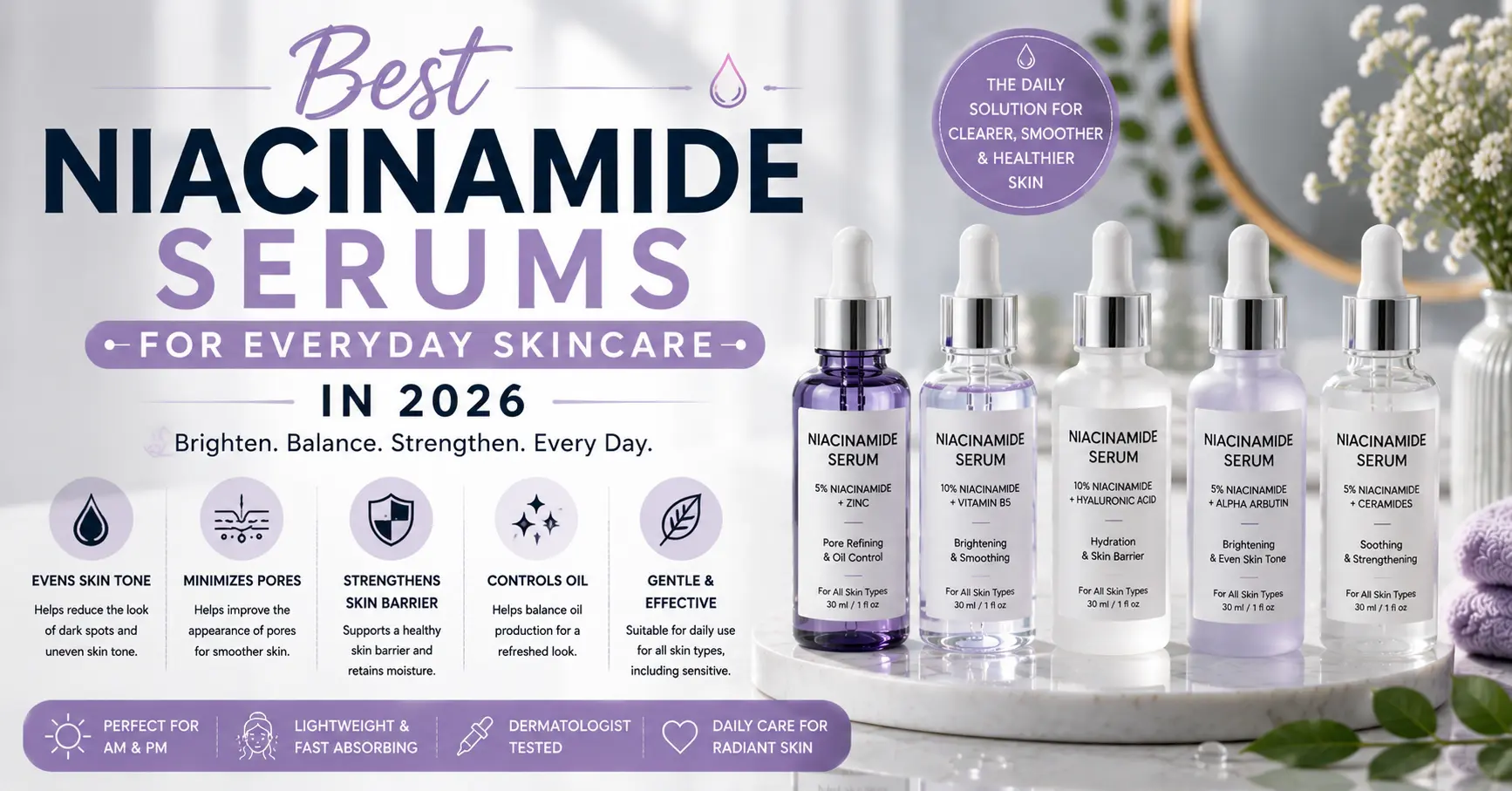 best niacinamide serums displayed on a modern luxury bathroom vanity